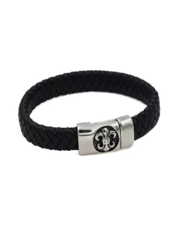 Men's black braided leather bracelet and fleur-de-lys steel clasp plate