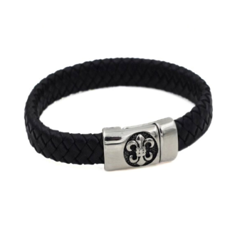Brazalete brazalete de cuero negro trenzado y chapa de acero fleur de lys