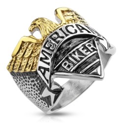 ANILLO DE HOMBRE ACERO MACIZO Y CHAPADO EN ORO AGUILA AMERICAN BIKER NUEVO