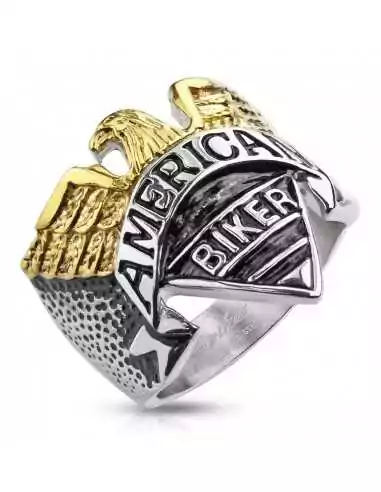 MEN'S RING SOLID STEEL and GOLD PLATED EAGLE AMERICAN BIKER NEW