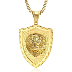 Collier pendentif homme acier doré or fin blason tête de lion en relief