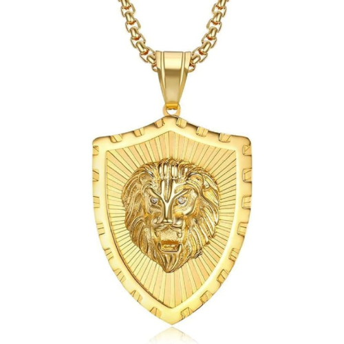 Collier pendentif homme acier doré or fin blason tête de lion en relief