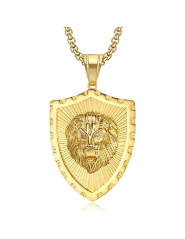 Collier pendentif homme acier doré or fin blason tête de lion en relief