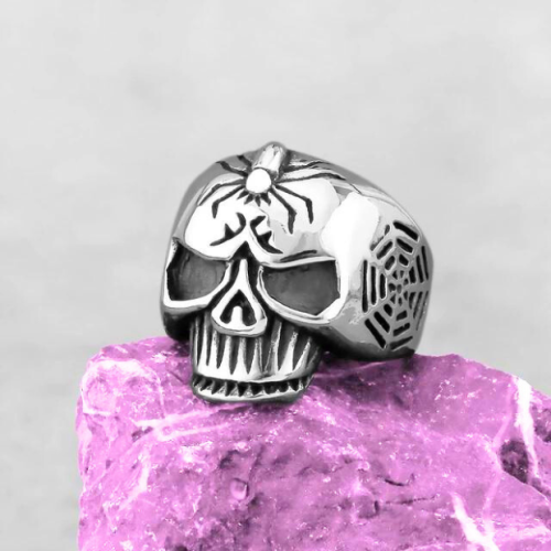 Anello con sigillo in acciaio da uomo con teschio e ragno motociclista