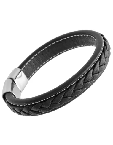 Men's genuine braided leather bracelet and stainless steel clasp 21cm