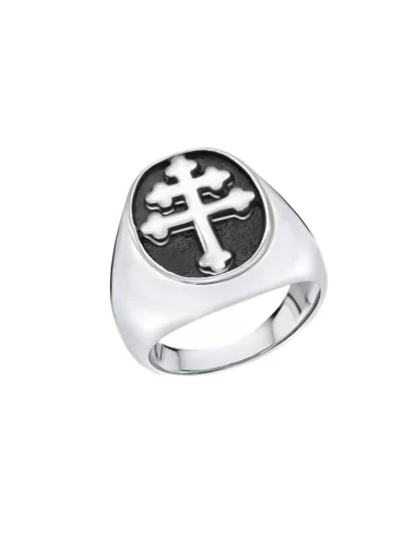 Royal signet ring for men, steel, silver, cross of Lorraine Templar