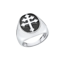 Anello di manopola moderno e largo per acciaio inossidabile ornato con una croce di Lorena d'argento su uno sfondo annerito