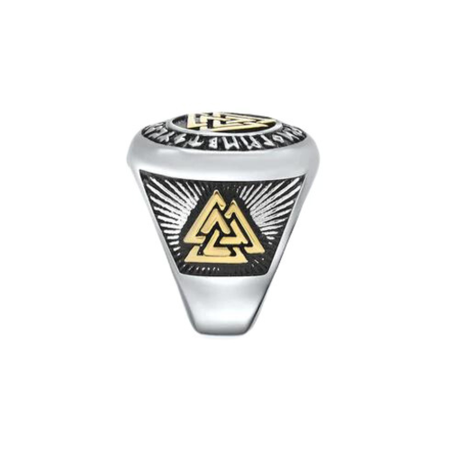 Anello con sigillo dorato Valknut di profilo
