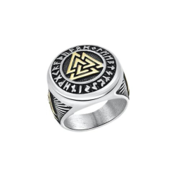 Modern and wide stainless steel man ring with the Viking Valknut symbol and runes