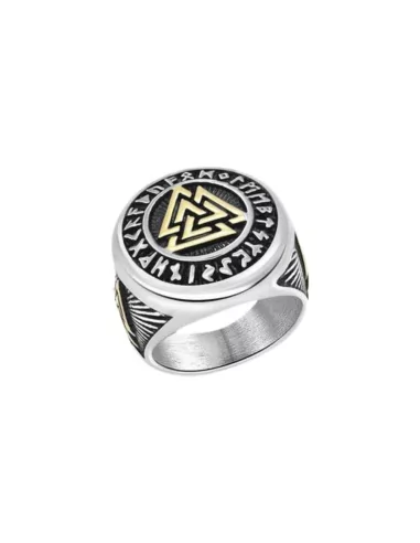 Men's Nordic Viking steel signet ring with triangle of Odin Valknut facing