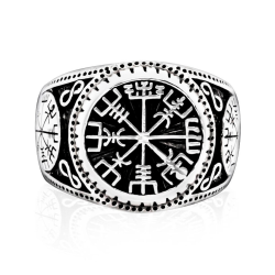 Bague chevalière homme acier   viking boussole nordique vegvisir