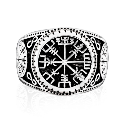 Facing view of the Viking VEGVISIR compass surrounded by the Runic Alphabet on a steel style