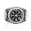 Ansicht des Viking Vegvisir-Kompasss, der vom runen Alphabet auf einem Stahl-Stil umgeben ist