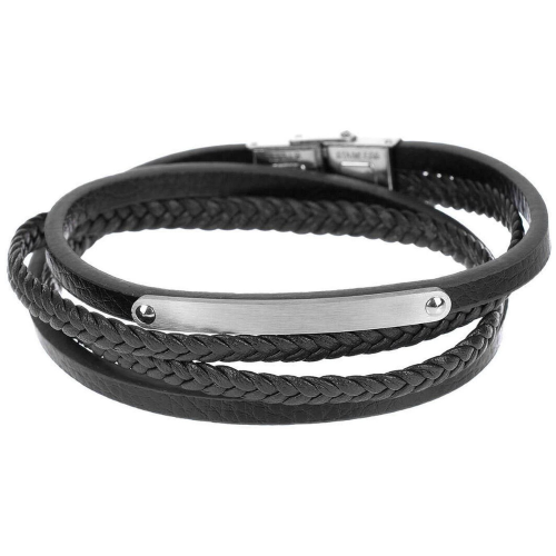 Pulsera de cuero genuino de varias hileras de acero negro para hombre, placa de acero para personalizar