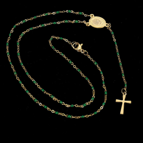 Chapelet femme ado collier croix et médaillon dame de Guadeloupe acier or vert