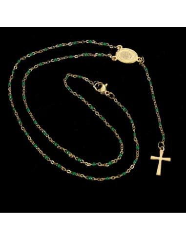 Chapelet femme ado collier croix et médaillon dame de Guadeloupe acier or vert