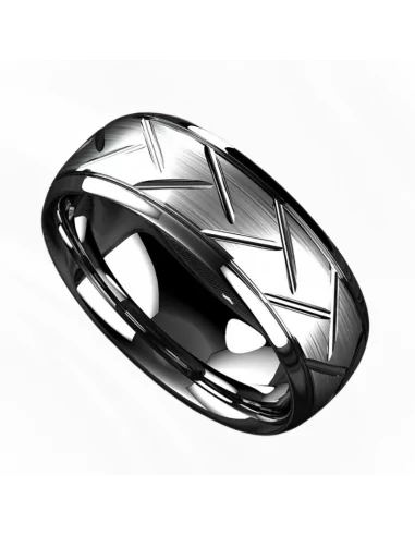 Men's stainless steel wedding ring with striated grooves
