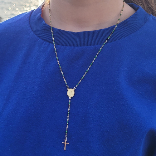 Mujer Chapelet mujer collar cruz y dama de Guadalupe acero verde oro