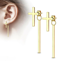 Paire boucles d'oreilles femme croix et barre pendante acier doré or fin