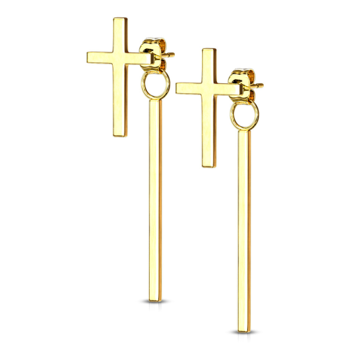 Pair of women's cross earrings and dangling bar in fine gold-plated steel
