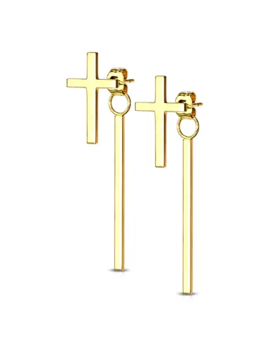 Pair of women's cross earrings and dangling bar in fine gold-plated steel