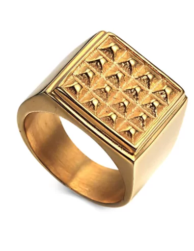 Anillo de sello para hombre con puntas de diamantes, diseño único, acero dorado y oro fino