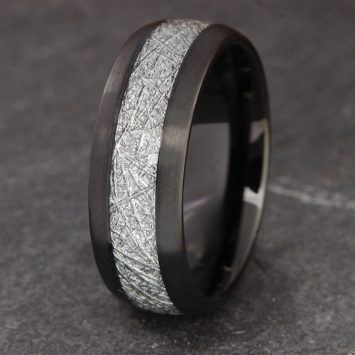 Men's black steel wedding ring with meteorite...