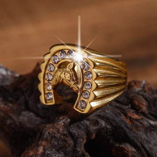 Anello con sigillo da uomo, acciaio dorato,...