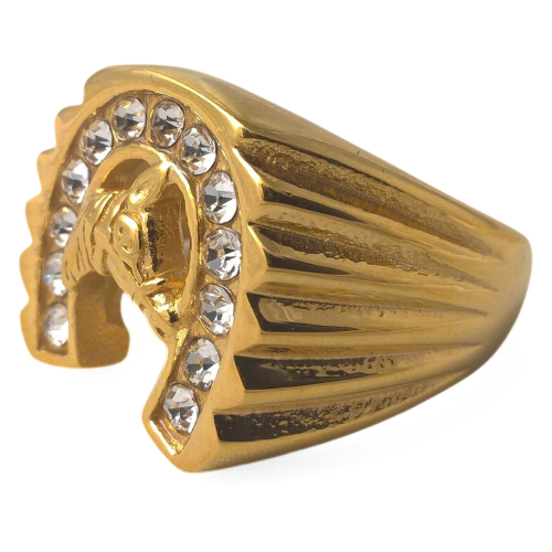 Anello uomo d'acciaio dorato con cavallo diamante simulato Horseshoe Buona fortuna