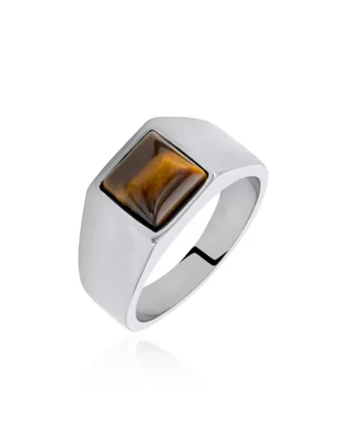 Men's white steel signet ring with square tiger's eye tray