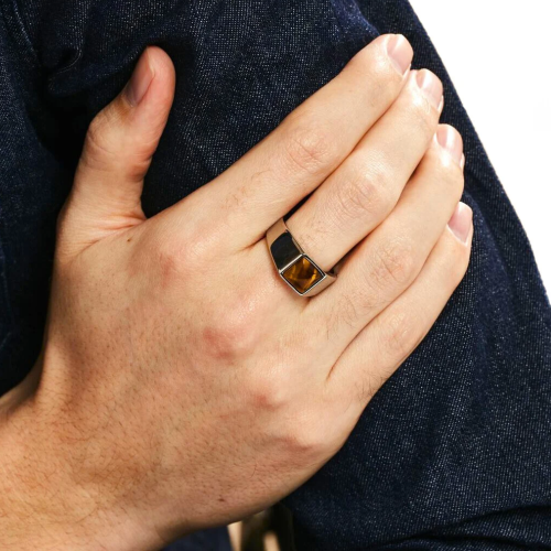 Men's white steel signet ring with square...