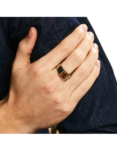 Men's white steel signet ring with square tiger's eye tray