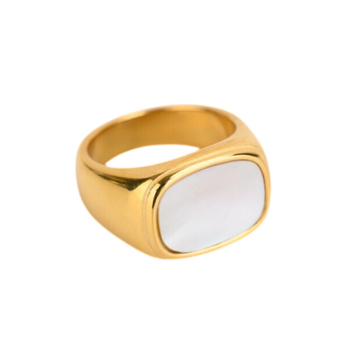 Anillo de sello para mujer en acero dorado con nácar dorado fino