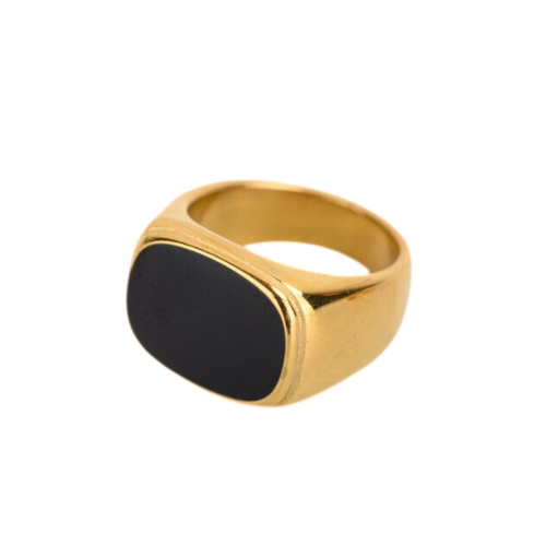 Anillo de sello para mujer en acero bañado en oro con bandeja negra