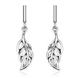 PAIR OF WOMEN'S PENDANT EARRINGS STEEL LEAVES CHIC NEW