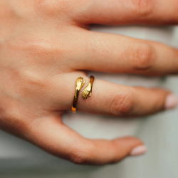 Moderner Ehefrau-Ring in vergoldetem Edelstahl geformt mit zwei Händen, die auf weißem Hintergrund eingeschlossen sind 2