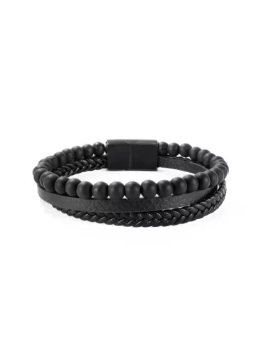 Multi-row leather bracelet and black pearls and steel clasp for men