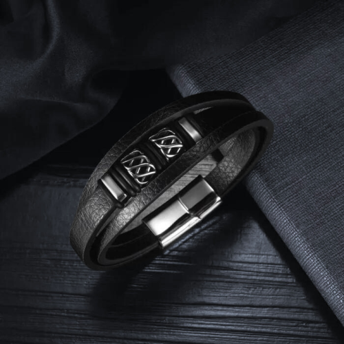 Bracciale multifilo da uomo in pelle nera e volute in acciaio inox