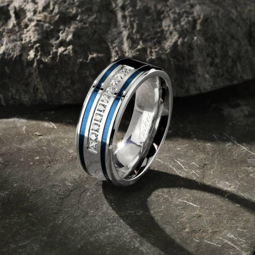 Ring ring of man in steel blue lines zircons for him