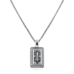 Men's steel pendant necklace with military plate and fleur-de-lys crest