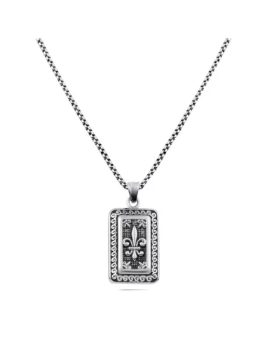 Men's steel pendant necklace with military plate and fleur-de-lys crest