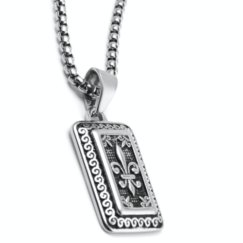Steel pendant necklace military plate fleur de lys crest for men