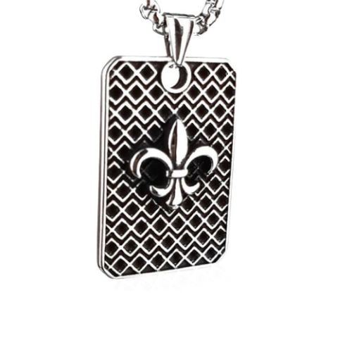 Men's stainless steel military plaque fleur-de-lis stained glass effect pendant necklace