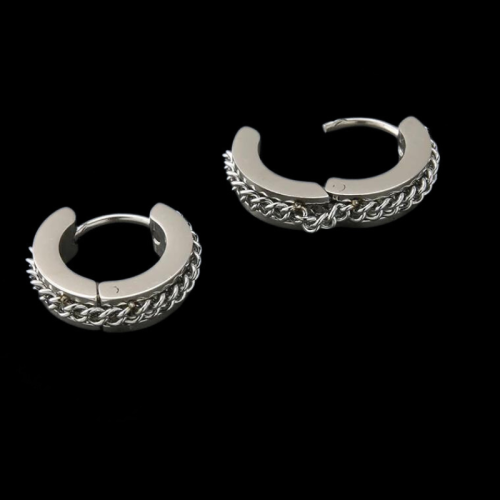 Men's Earrings Creole Steel Chained Central Chain with Black Background Clip