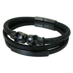 Multi-rang leather bracelet with black man steel plate to...