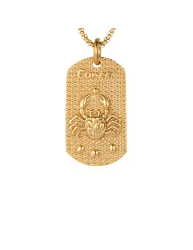 Collier pendentif homme acier doré or plaque signe astrologique cancer relief