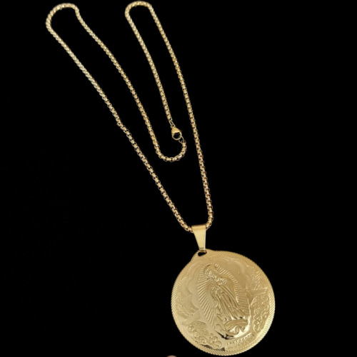 Large pendant of the miraculous virgin in stainless steel gilded with fine gold