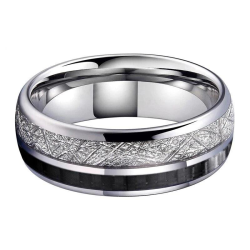 Alliance de mariage homme acier bande noire carbone et incrustation météorite