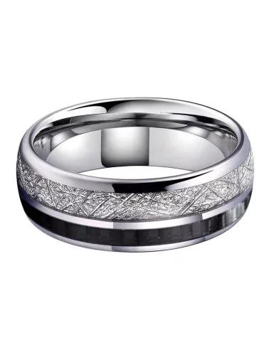 Alliance ring for men, steel, black carbon band and meteorite inlay