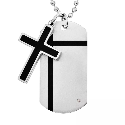 Collier pendentif plaque militaire et croix noire latine zircon pour homme